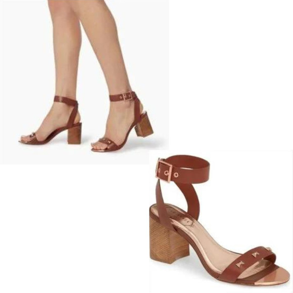Ted Baker Biah Brown Rose Gold Studded Block Heeled Sandals 40.5 US 10 - Picture 1 of 8